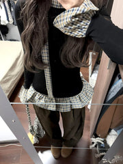 Retro American Style Plaid Long Sleeve T-Shirt Slim Fit Design Sensation Weight Loss Versatile Top Fake Two-Piece