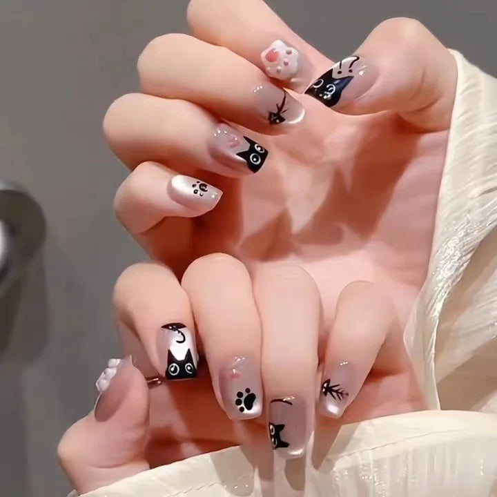 24Pcs Pink Cat Blue Love Cute Short Ballet Press on False Nails Sweet French Cat Eye Bow Star Designs Style Detachable Nails Set