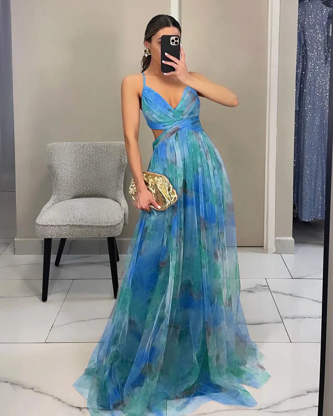 Elegant Print Pleated Mesh Evening Dress Off Shoulder Ins Vacation Long Dress V Neck High Waist Backless Sling Dress