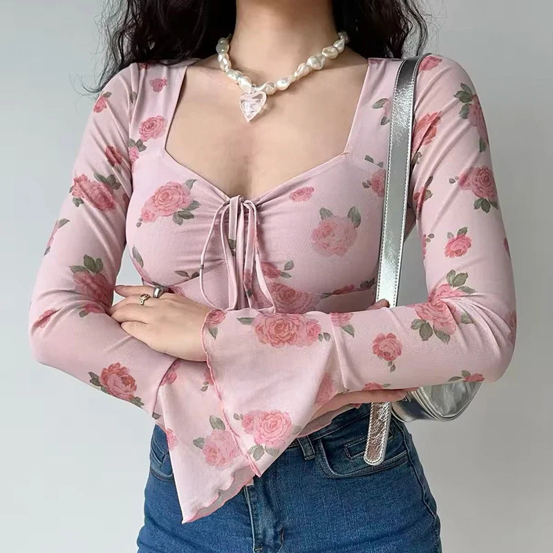 Floral Printed Sweet Holiday T-shirts Flare Sleeve Lace Up Chiffon Office Blouse Mesh Beach Tees Top