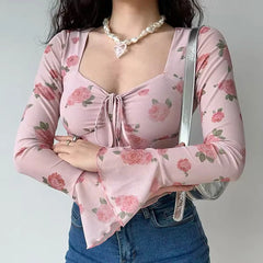 Floral Printed Sweet Holiday T-shirts Flare Sleeve Lace Up Chiffon Office Blouse Mesh Beach Tees Top