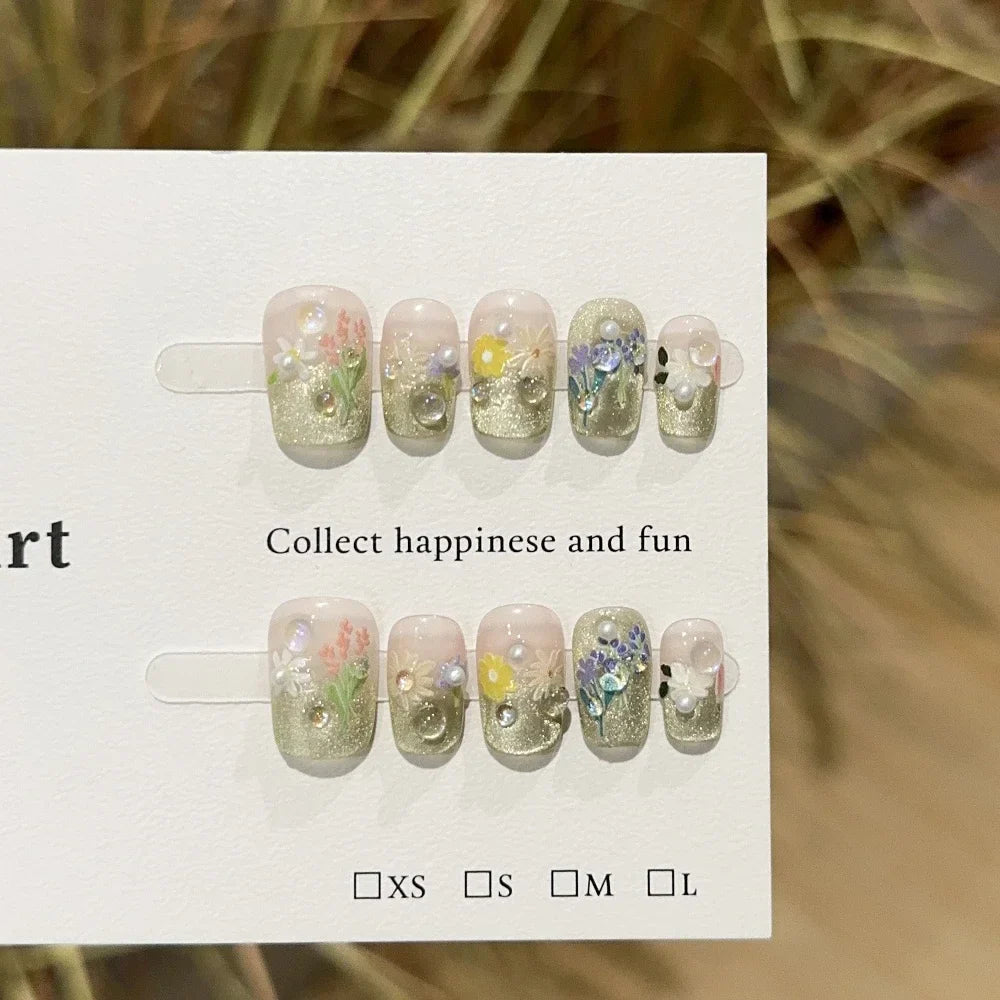 Sweet Lovely Cartoon Bear Long Coffin Stiletto Fake Nails Bowknot Pearl Diamond Flowers Cat Eyes Wearable Fake Nails