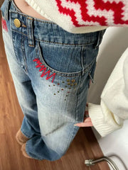 American Embroidery Stamping Design Trendy Cool High Waisted Straight Leg Jeans