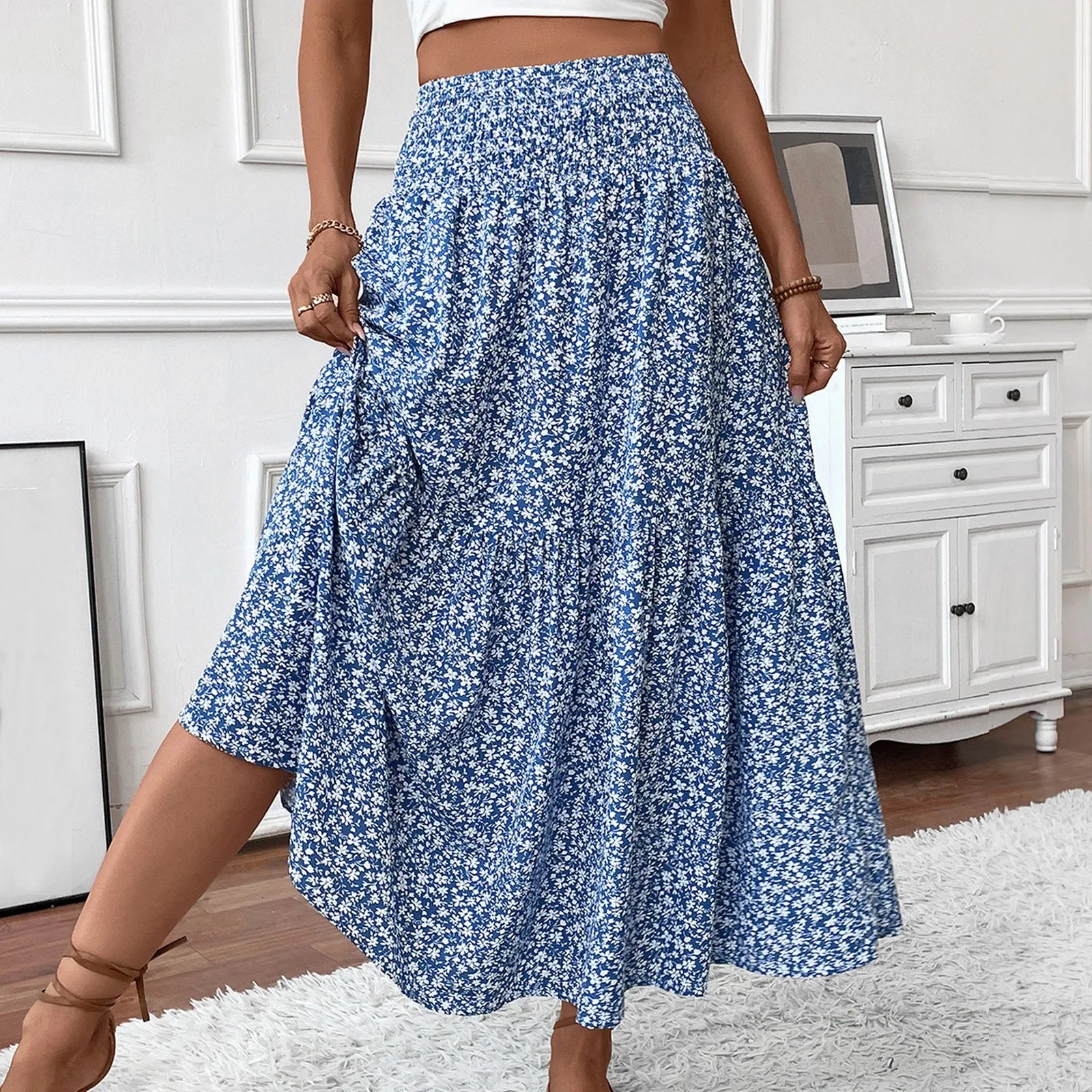 Pleated Floral Print Elastic Waist Loose Splicing A Line Skirt Skirts