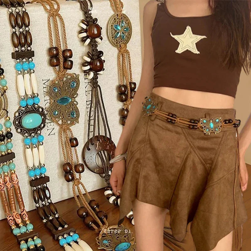 Butterfly Tassel Waist Chain Y2K Trendy Bohemian Belt Beach Accessories Vintage Flower Jean Skirt White Dress Belts