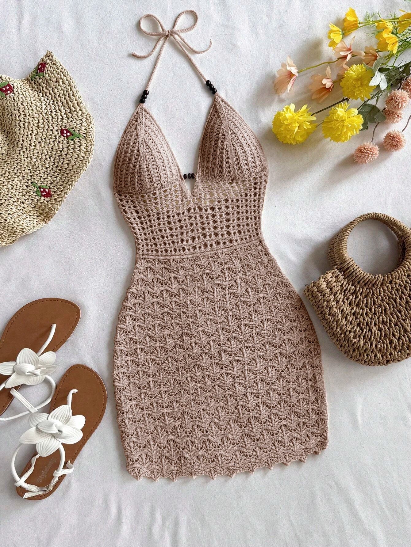 Soleia V-Neck Hollow-Out Wooden Beads Fitted Dress, Vacation Spaghetti Strap Backless Ombre Knitted Dress, Suitable