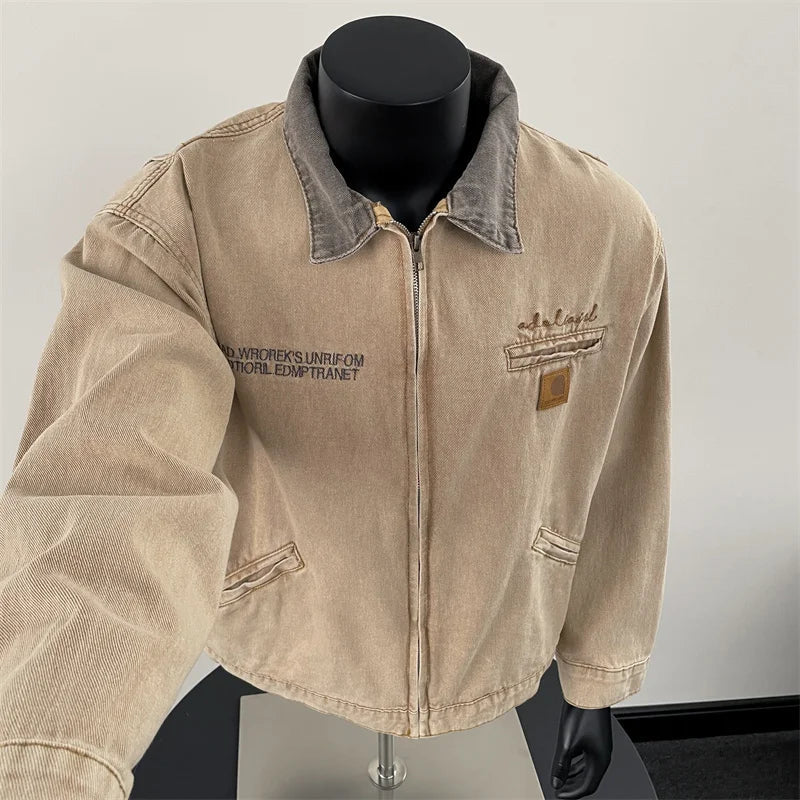 Retro ort Padded oulder Workwear Jaet Sli Cleanfit Zipper Denim Collar Trendy Casual Outerwear