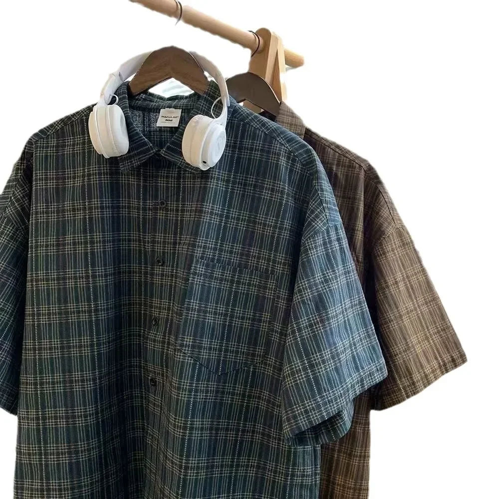 Japanese Vintage Plaid Short Sleeve Shirt Streetwear Loose Fit Casual Stylish Versatile Half Sleeve Underwear