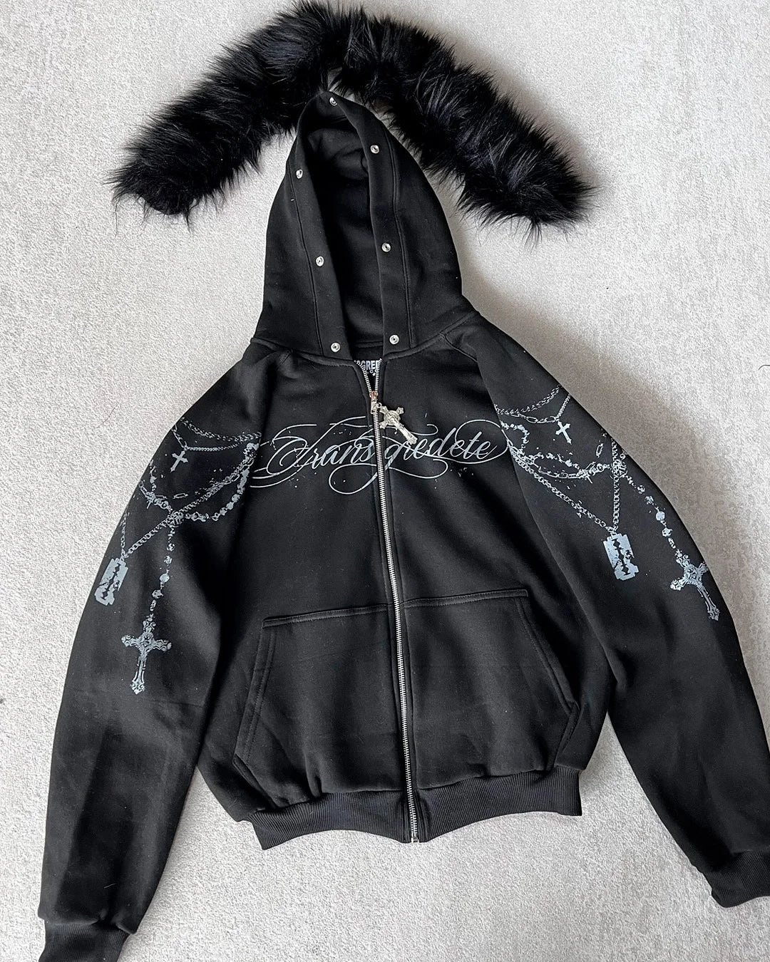 American Retro Rock Gothic Graphic Fur Collar Loose Zipper Sweatshirt Y2K Harajuku Punk Casual Joker Hoodie Streetwear