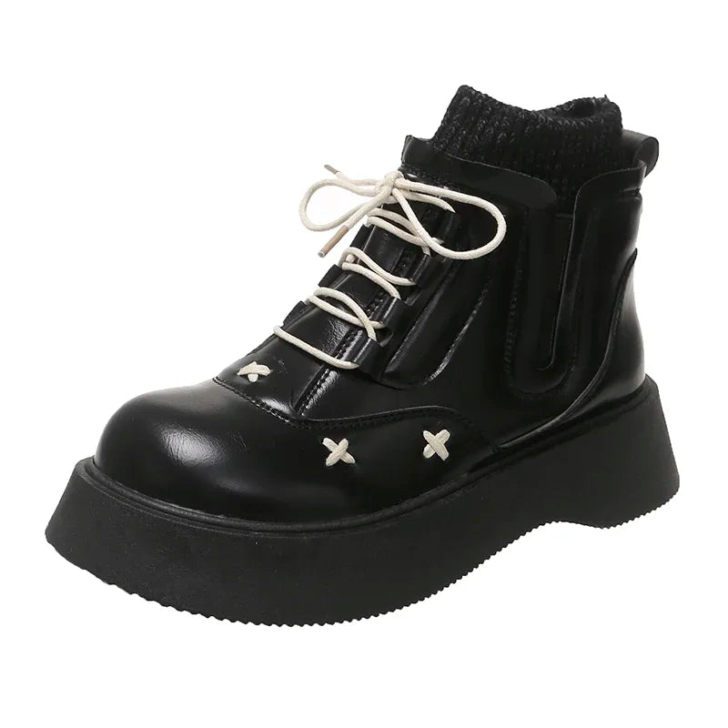 Platform Ankle Boots Elegant Lolita Style Ladies Causal Boots Simple Versatile Leather Boots Women