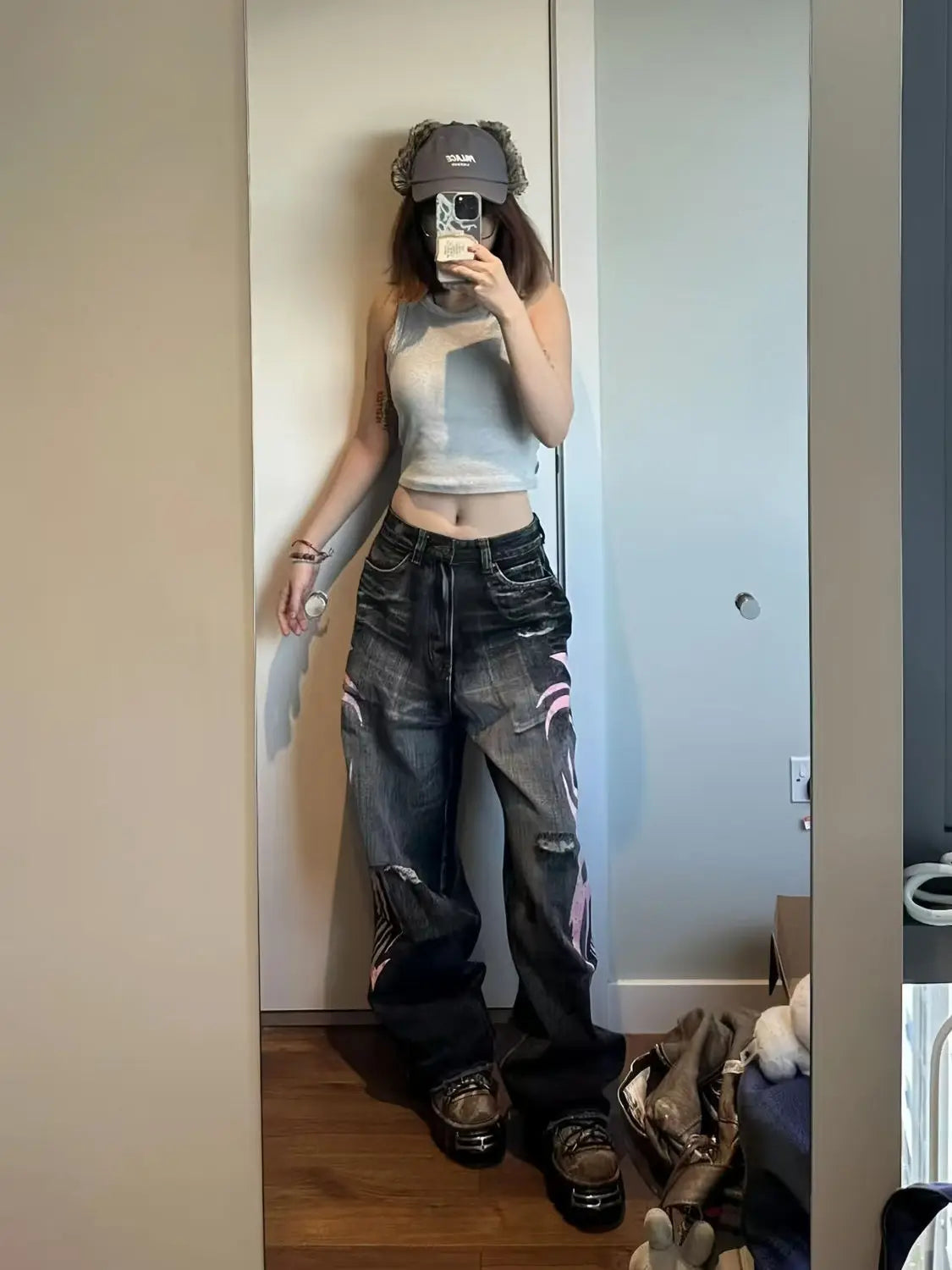 Y2K American Vintage Mottled Totem Print Baggy Jeans High Waist Wide Leg Jeans Harajuku Trendy Hip-hop Jeans