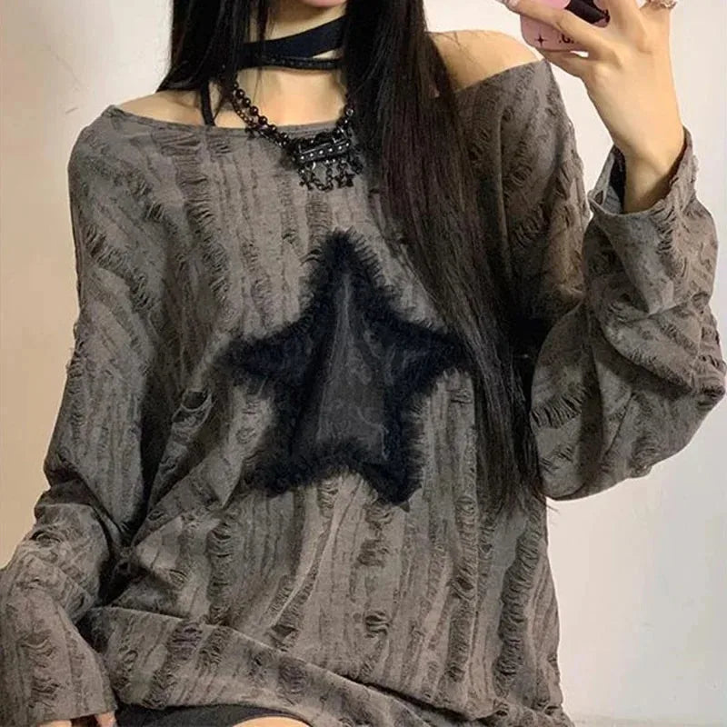 Y2K Hole Star Print T-Shirt Streetwear Off Shoulder Tops Oversized Kpop Long Sleeve Loose Tees Ladies New