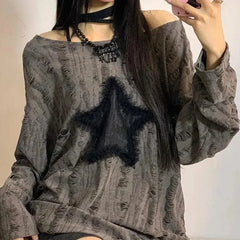 Y2K Hole Star Print T-Shirt Streetwear Off Shoulder Tops Oversized Kpop Long Sleeve Loose Tees Ladies New