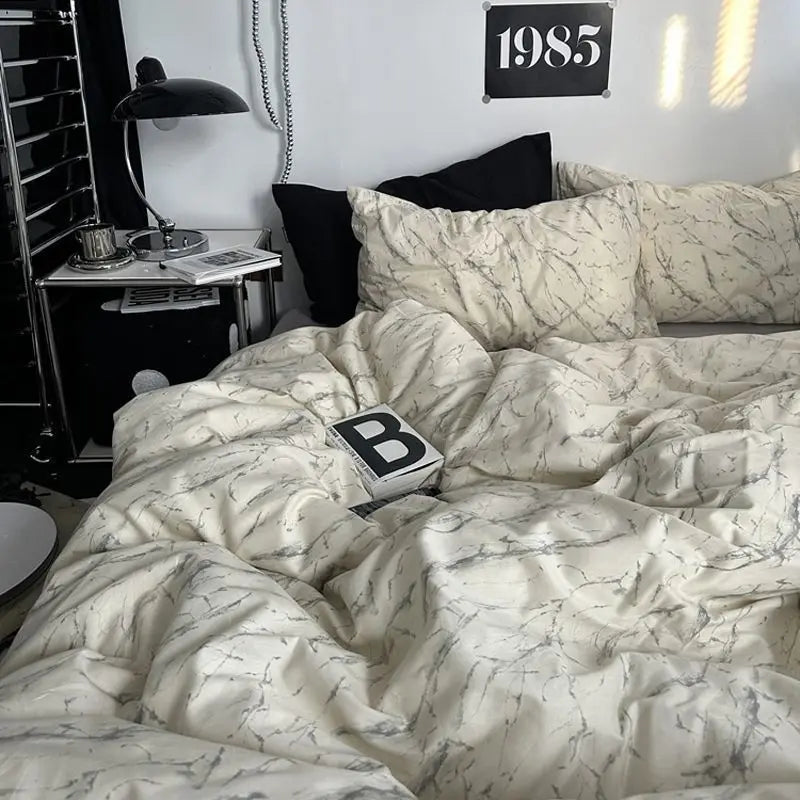 Bedding Set Ins Ambiance Blue Coffee Grid Mixed With Washed Cotton Minimalist Four Piece Set Fitted Sheets Duvet Cover