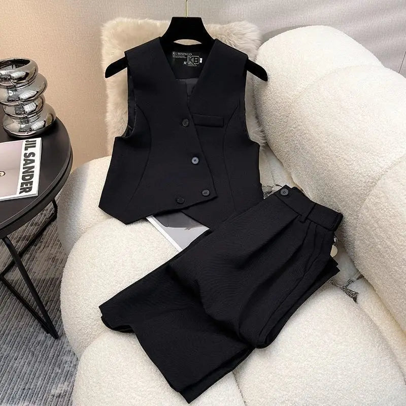 Simple Sleeveless Suit Vest Casual Wide Leg Pants Two-piece Set