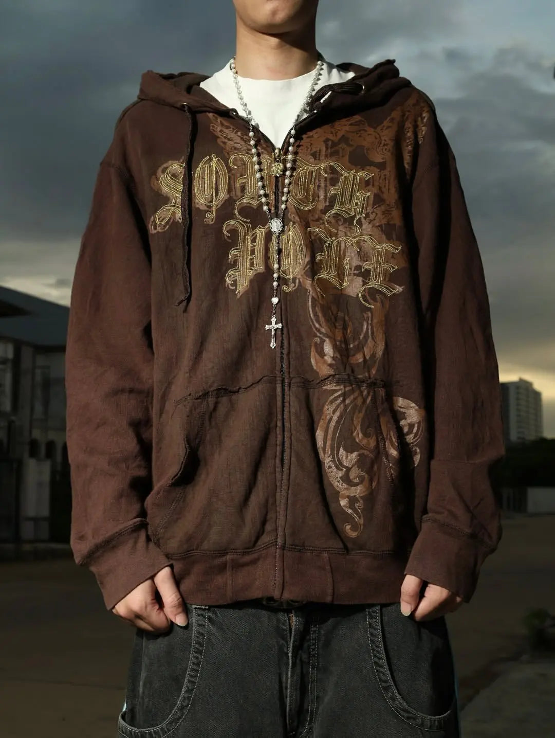 Y2k Zipper Hoodie Letter Pattern Gothic Punk Sportswear Brown Hoodie Sportswear Hoodie Long Sleeve Super Large Hoodie Jacket