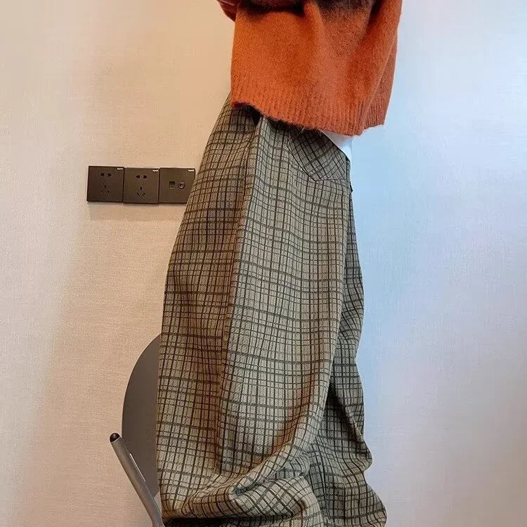 Retro American Canvas Straight Leg Pants Fine Plaid Design Sensation Small Audience Wide Leg Casual Trousers