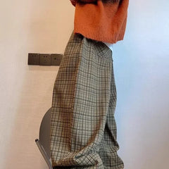 Retro American Canvas Straight Leg Pants Fine Plaid Design Sensation Small Audience Wide Leg Casual Trousers