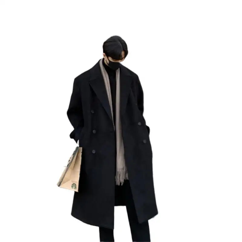 Trench Black Thick Woolen Trench Coats Korean Style Male Casual Trenchcoat Streetwear Windbreaker