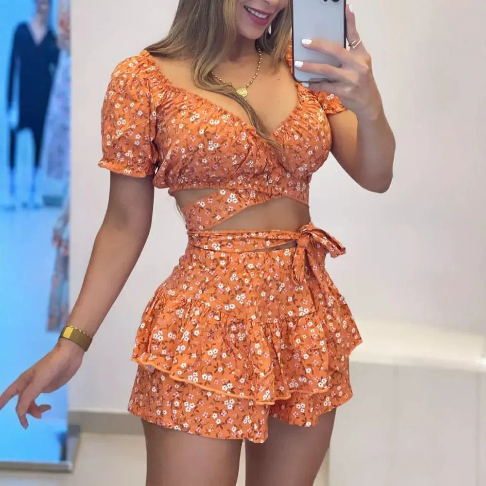 Playsuits Print Floral Jumpsuits Shorts Skirts Pants V Neck Short Sleeve Lace Up Tight Waist One Piece Rompers