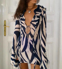 Yiiciovy Blue Striped See-through Bikini Cover-Ups Lace Up V-neck Beachwear Bathing Dress Cover-Ups Swimwears