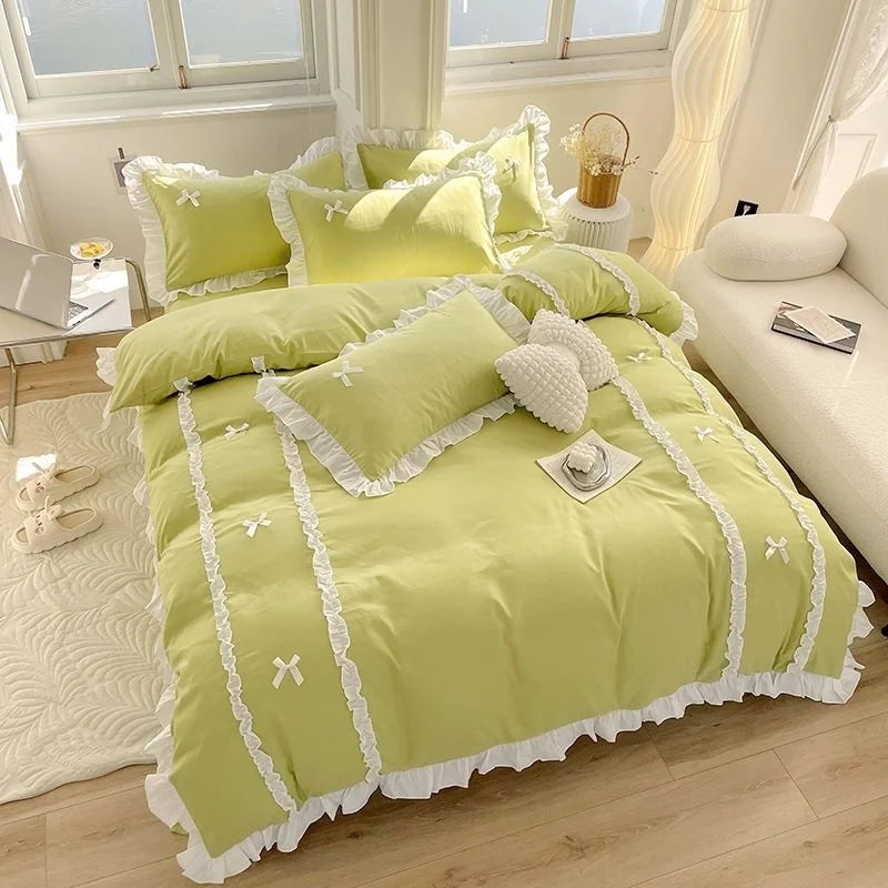 Korean Princess Style Bedding Sets Ins Lace Bowknot Duvet Cover Fitted Sheet