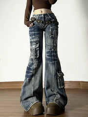 American Vintage Street Style Y2K Jeans High-street Multi-pocket Cargo Flared Floor-grazing Jeans Casual Punk Long Pants