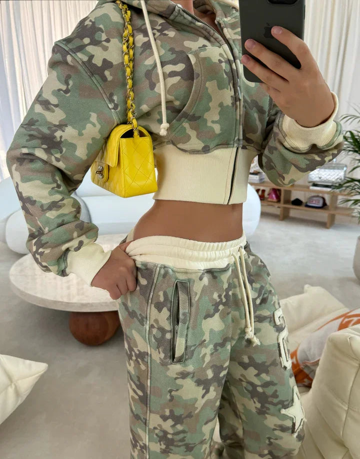 Trend Y2k Sportswear Two Piece Set Hip Hop Punk Camo Short Waist Slim Zipper Hoodie Casual High Waist Sports Pants