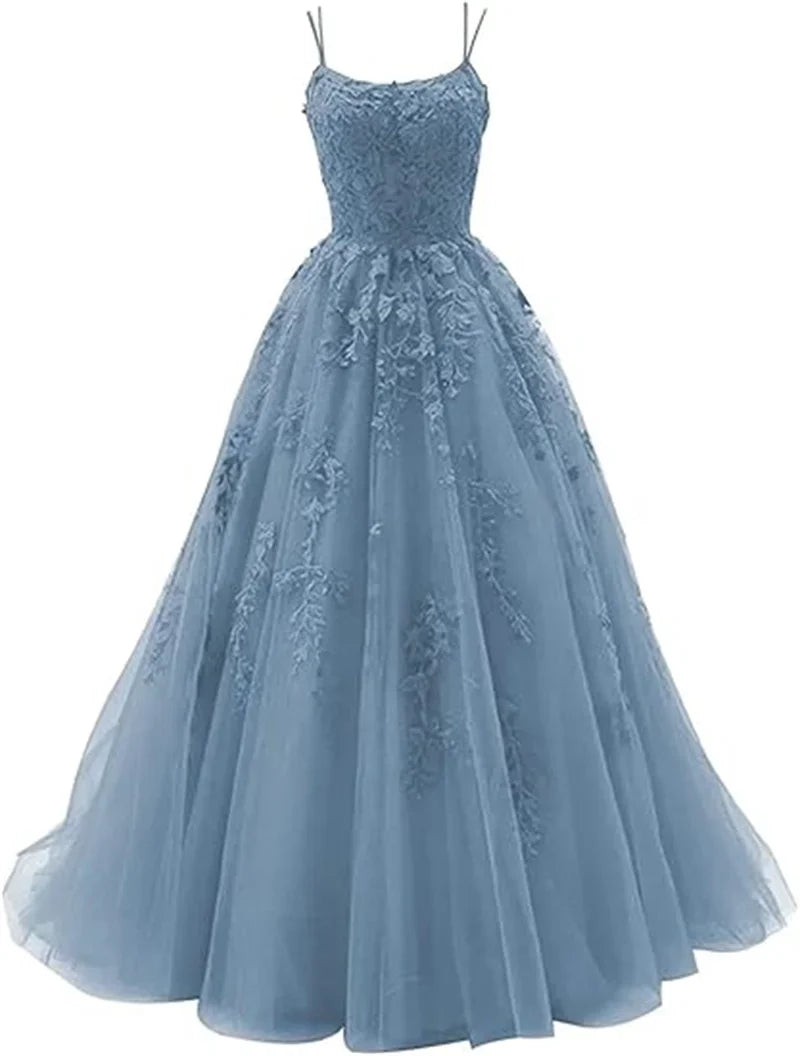 Tulle Spaghetti Straps Prom Dresses Long Lace Appliques Ball Gowns