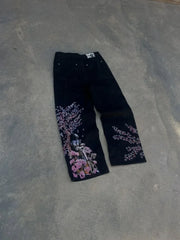 American Vintage Cherry Blossom Pattern Embroidered Blue Jeans Y2K Street Wild Straight Wide-leg Trousers