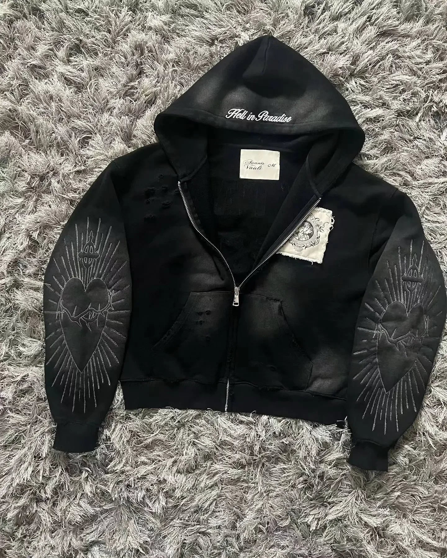 Gothic Oversized Letter Embroidered Patch Zipper Hoodie Y2K Harajuku Vintage Hip Hop Casual Couple Sweatshirt