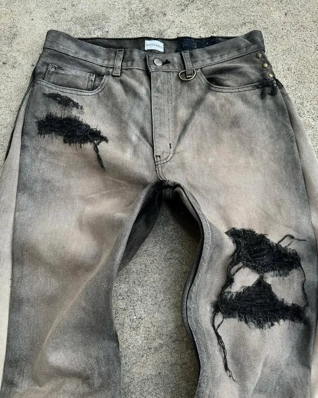 American Hip Hops Jeans High Waist Frayed Patchwork Embroidery Micro Flared Jeans Street Clothing Loose Floor Pants
