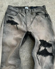 American Hip Hops Jeans High Waist Frayed Patchwork Embroidery Micro Flared Jeans Street Clothing Loose Floor Pants