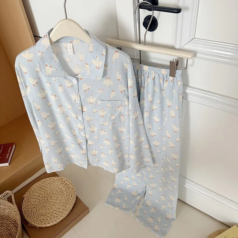Sweet Cute Goose Print Korean Pajamas Nightwear Kawaii Casual Lapel Neck Y2K Pajamas Set Loungewear