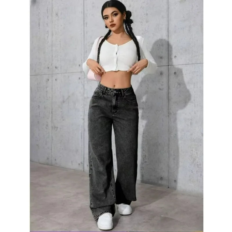 Classic Wide Leg Stretch Jeans with Button Soft Comfortable Vintage Wash Stylish Jeans High Street Pants