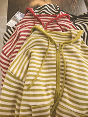 Contrast Color Stripe Hood Knit Cardigan Women