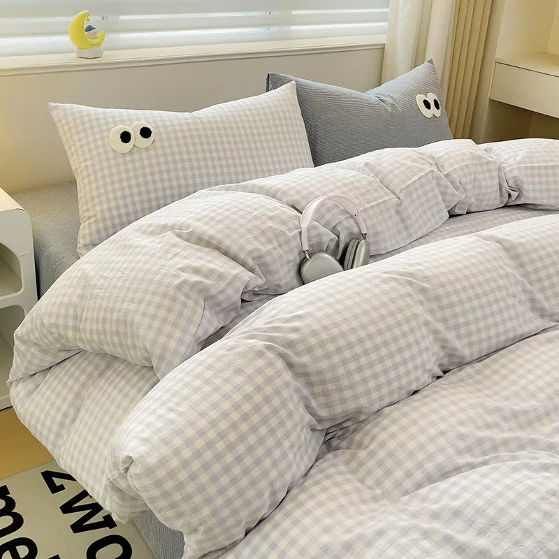 Small Fresh Cream Style Striped Simple Embroidery Big Eyes Four-piece Bed Sheet Quilt Cover Bed Sheet Dormitory Three-piece Set