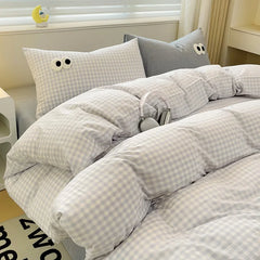 Small Fresh Cream Style Striped Simple Embroidery Big Eyes Four-piece Bed Sheet Quilt Cover Bed Sheet Dormitory Three-piece Set