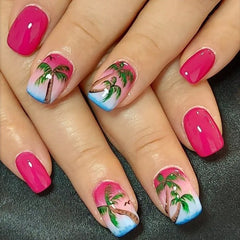 24Pcs Short Square Head Fake Nail Colorful Gradient with Design Simple Full Cover False Nail Wearable Press on Nails Tips