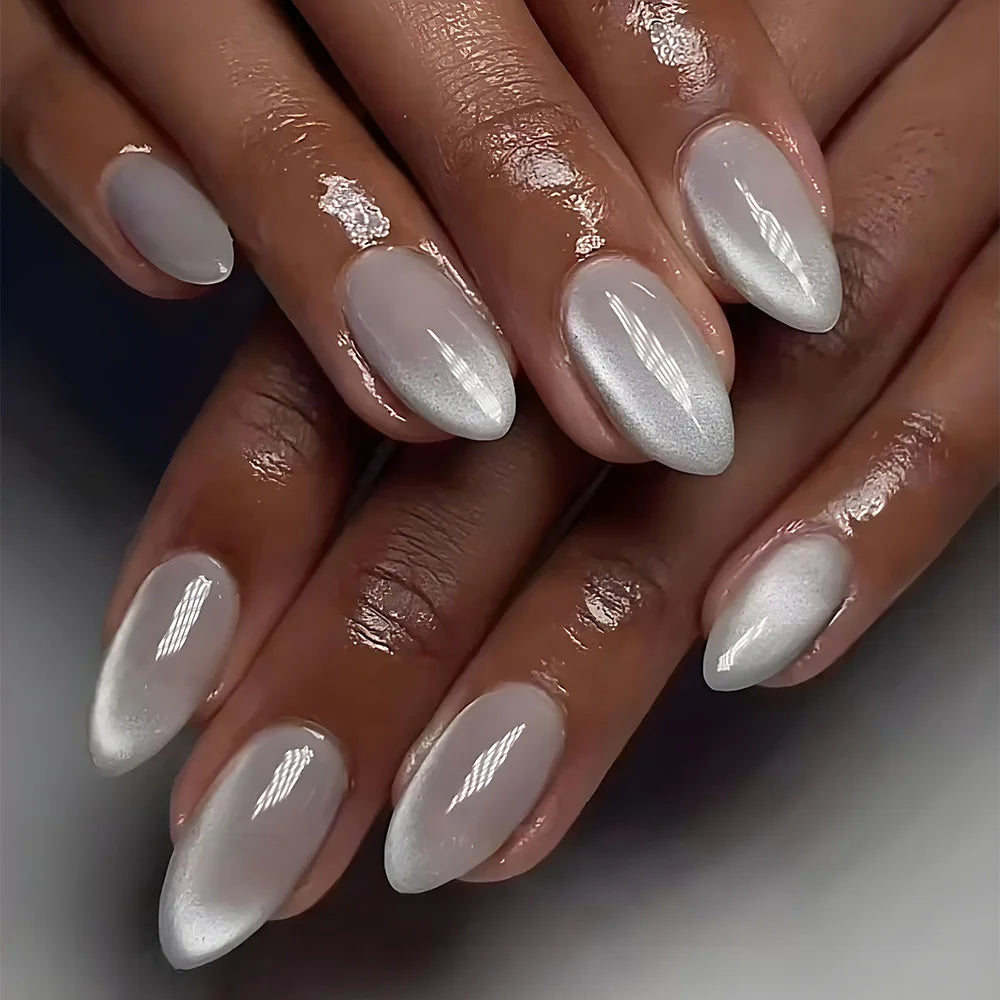 24Pcs Mid-length Almond Ballet False Nails Simple Cat Eye Design Press on Fake Nail Wearable Full Cover Nail Tips Manicure Tools