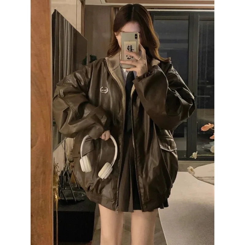 Maillard PU Leather Jacket With Lambswool Coat Both Sides Y2K Velvet Locomotive Cotton-padded Jacket