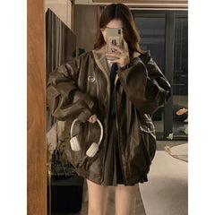 Maillard PU Leather Jacket With Lambswool Coat Both Sides Y2K Velvet Locomotive Cotton-padded Jacket