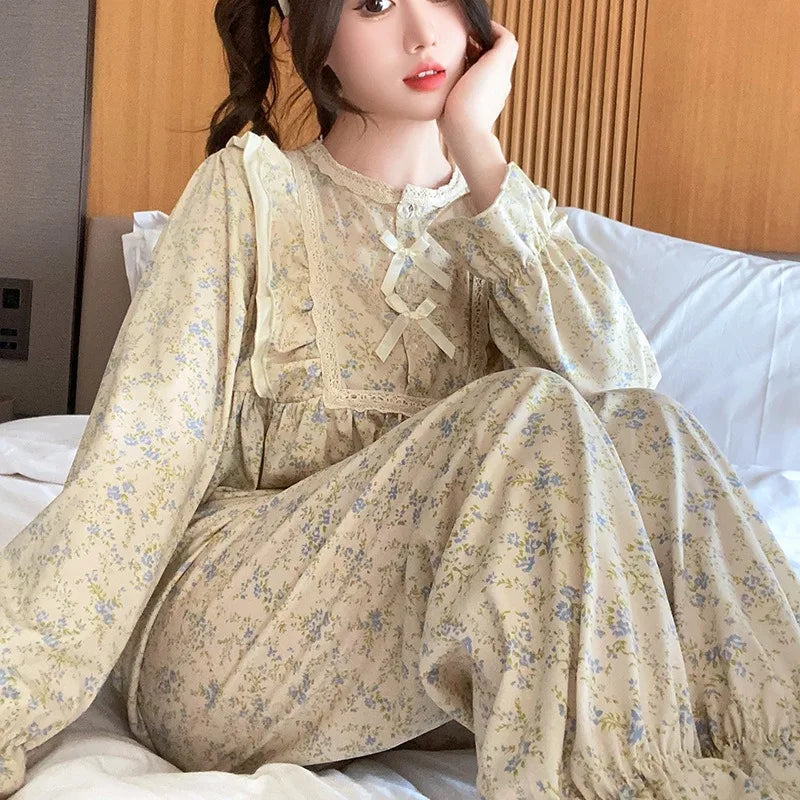 Ladies Pajamas Garden Style Student Casual Long Sleeve Pants Two-Piece Bow Set Nightwear Four Season Academic Atmosphere