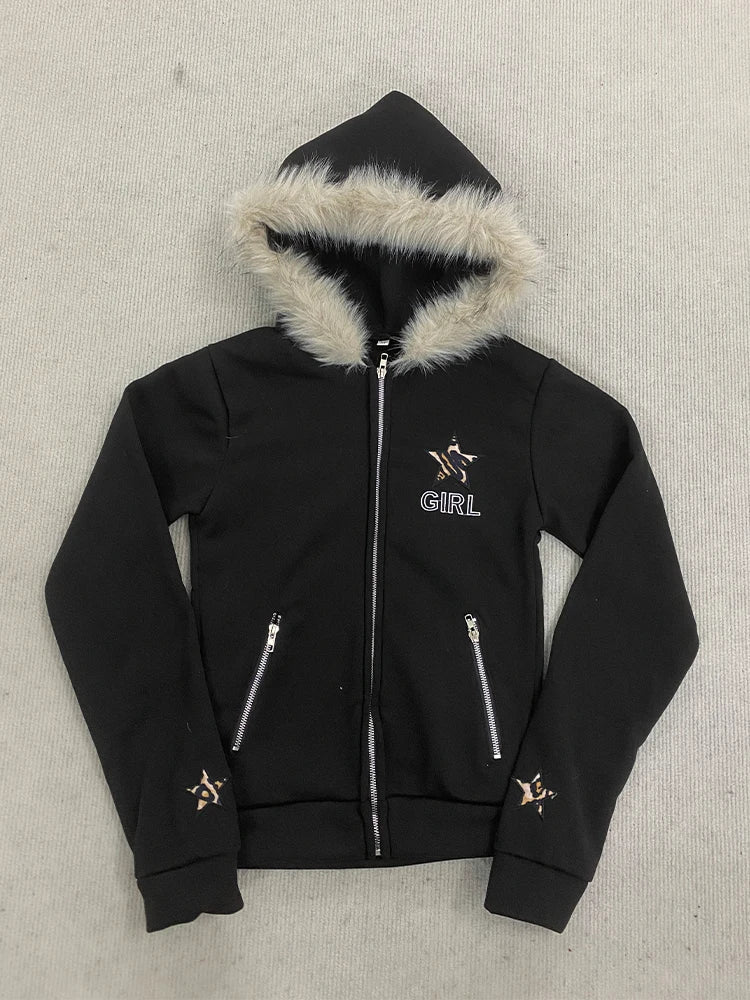Vintage American Retro White Letter Hoodie Faux Fur Lined Zip Up Sweatshirt Cozy Pullover Streetwear new