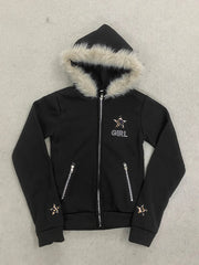 Vintage American Retro White Letter Hoodie Faux Fur Lined Zip Up Sweatshirt Cozy Pullover Streetwear new