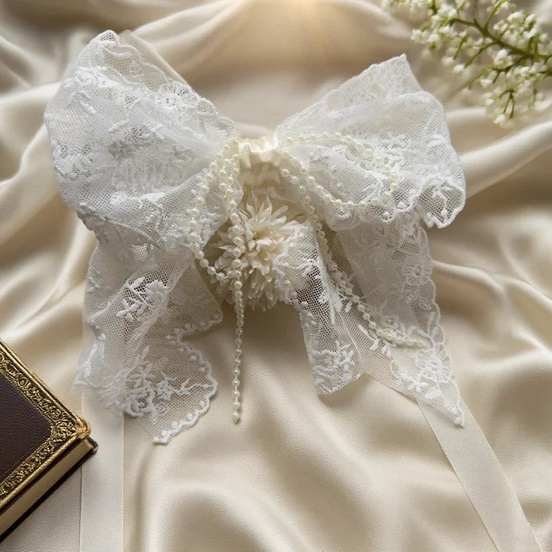 1Pair/2Pairs French Romantic White Flower Lace Curtain Tieback with Bead Korean Bow Strap Trims