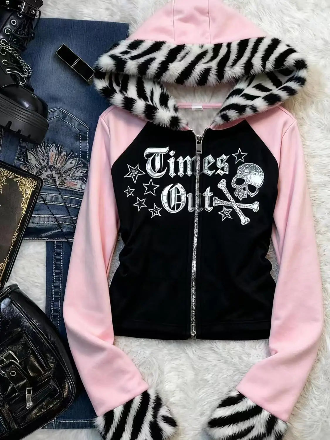 Retro Y2K American Spice Girl Coat Leopard Print Powder Black Contrast Stitching Skull Letter printed Hooded Sweater
