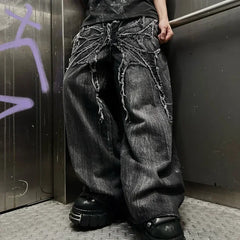 Y2K Baggy Jeans vintage Splicing embroidery Pattern jeans Hip Hop Gothic Streetwear Casual wide leg jeans