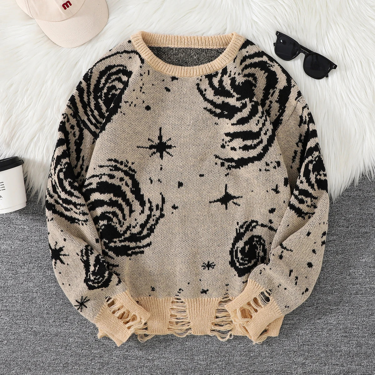 Trendy Street Style Ripped Abstract Starry Sky Pattern Pullover Ripped Sweater Casual Crew Neck Knitted Pullover