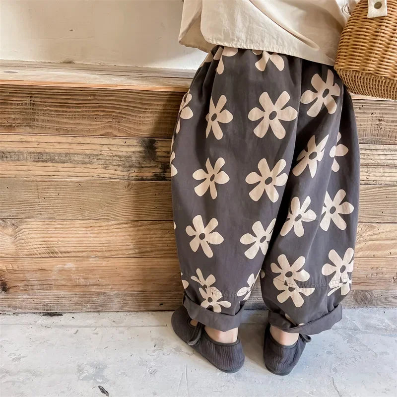 1639C Children Pants Flower Print Girl's Pant Washed Cotton Harem Pants 1-7Year Boy's Casual Pants Trousers